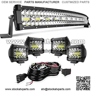 DOT 32/30 Inch Curved Tri Row Led Light Bar Offroad Spot Flood Combo Beam w/4" Pods Cube Driving Fog Lights On Bumper Grill Windshield Roof for Truck Ranger Truck Boat ATV UTV