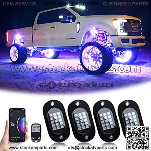 RGB LED Rock Lights, 60 LEDs High Brightness Multifunction Neon underglow Kit Waterproof Car Light with APP/RF Control Multicolor Rock Lights for ATV RZR UTV SUV Off Road Car, DC 12V (4 Pods)