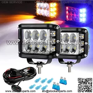 4 Inch Strobe LED Light Pods, Amber White Blue Red Side Shooter, 6 Modes 60W Off Road Light with Memory Function, Emergency Fog Driving Work Light for Truck Boat Jeep SUV with Wiring Harness